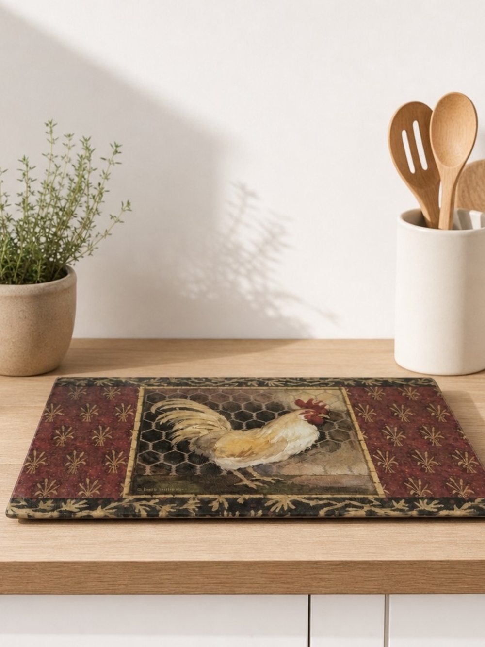 Vintage Glass Cutting Board – Rooster Farmhouse Pattern
